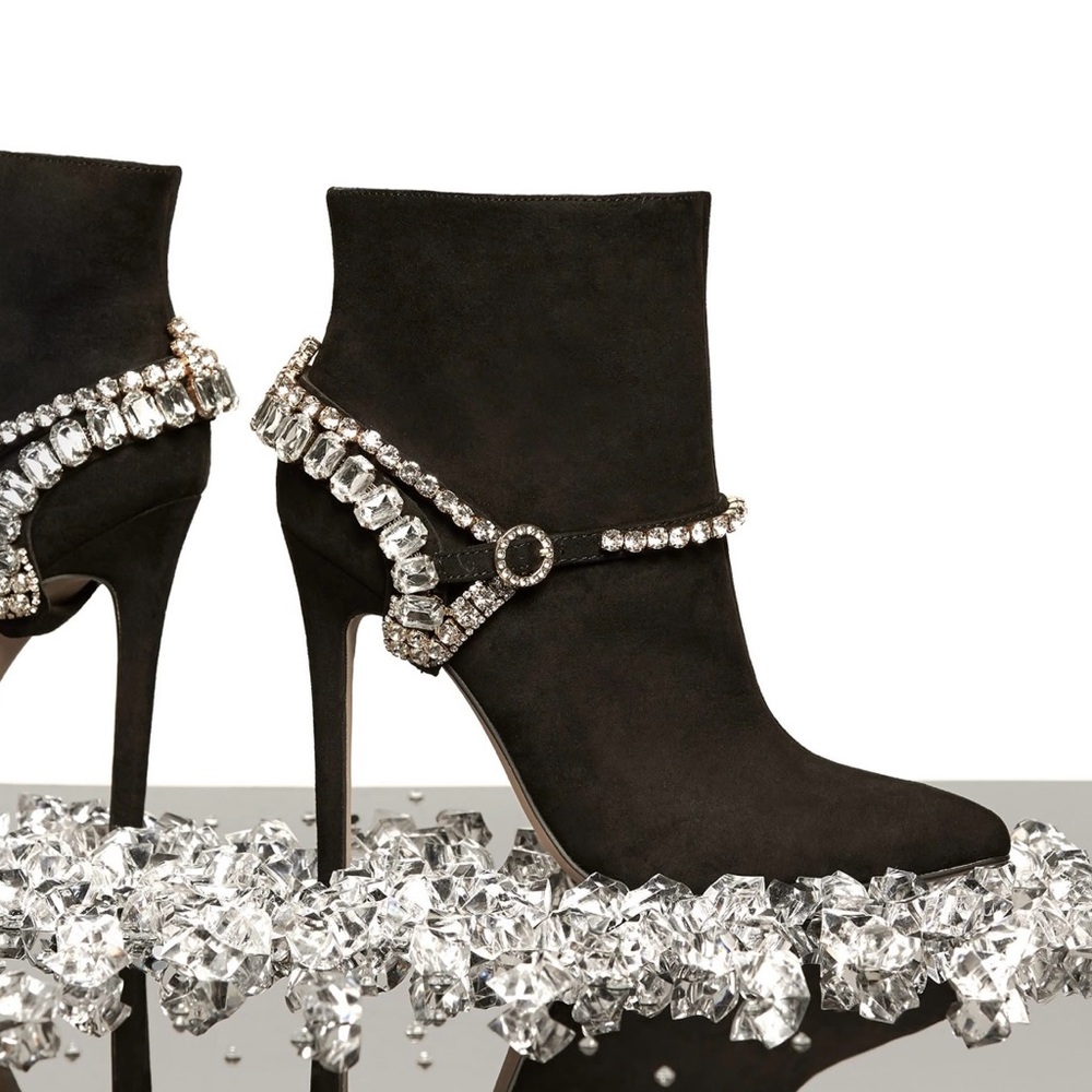 Shoe Dazzle Black Heeled Boots with Rhinestone Accents